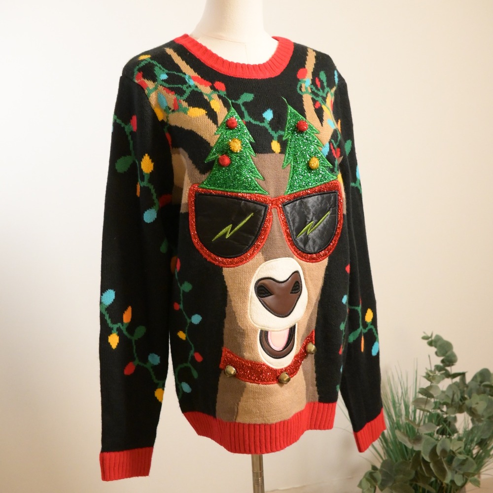 Holiday Time Reindeer Christmas Tree Light Sweater Black Red Medium